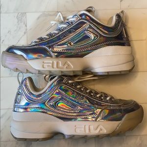 Reflective women’s Fila Disruptors size 10